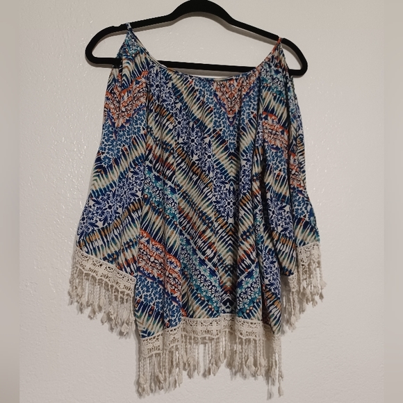 Colorful Patterned Cold Shoulder Blouse Macrame Lace Hems mm mm mm Medium - Picture 7 of 13